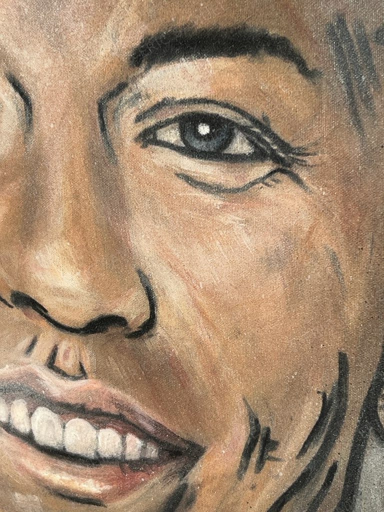 Macro detail of brushwork on a painted portrait